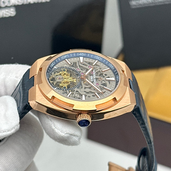 Vacheron Constantin Overseas Skeleton Tourbillon Rose Gold Blue Strap Watch