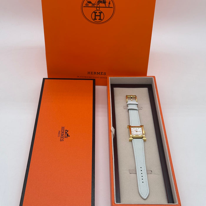 Hermes Heure H Gold Stress Dial With White Leather Strap Watch