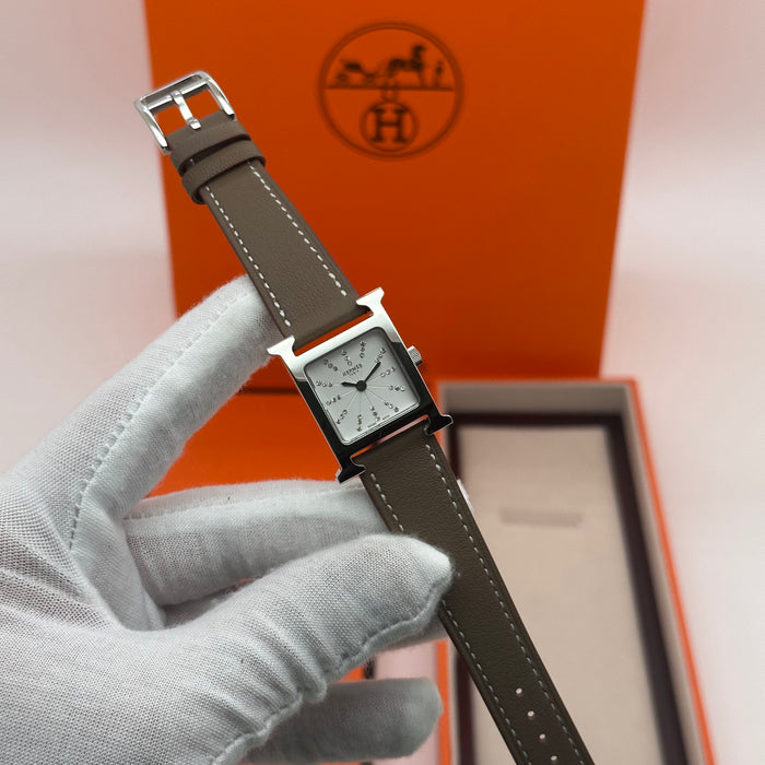 Hermes Heure H Silver Stress Dial With Brown Leather Strap Watch