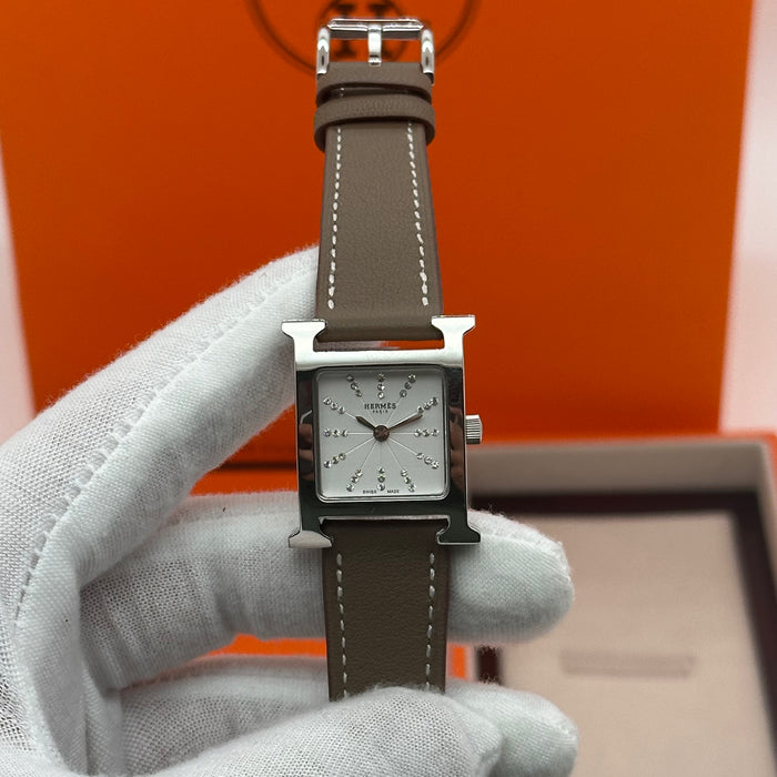 Hermes Heure H Silver Stress Dial With Brown Leather Strap Watch