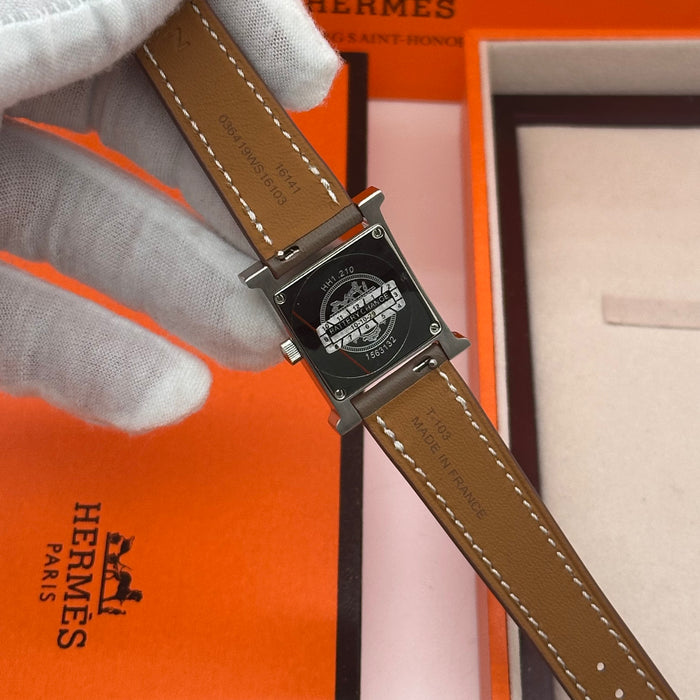 Hermes Heure H Silver Stress Dial With Brown Leather Strap Watch