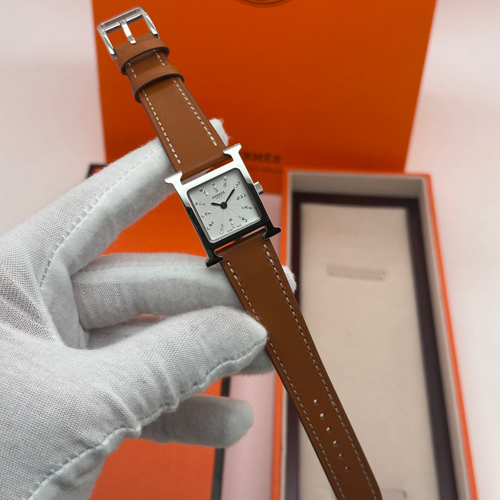 Hermes Heure H Silver Stress Dial With Tan Leather Strap Watch