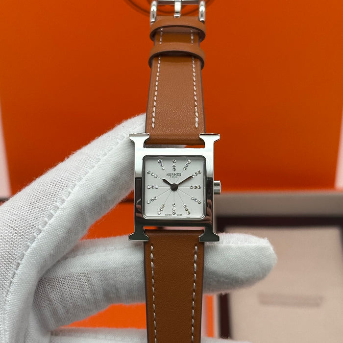 Hermes Heure H Silver Stress Dial With Tan Leather Strap Watch