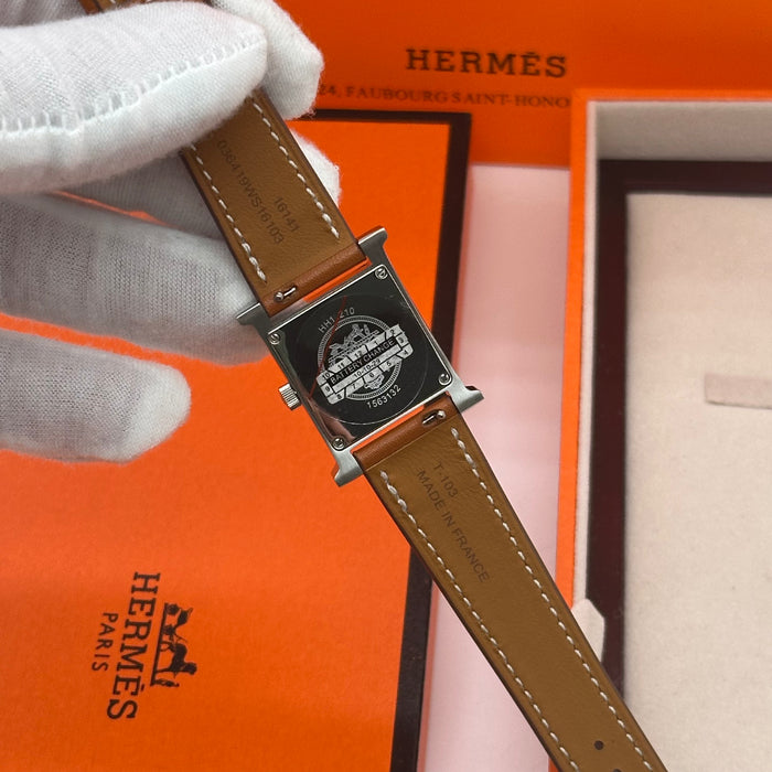 Hermes Heure H Silver Stress Dial With Tan Leather Strap Watch