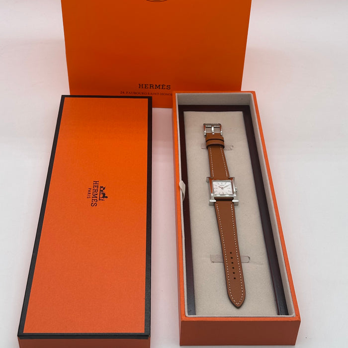 Hermes Heure H Silver Stress Dial With Tan Leather Strap Watch