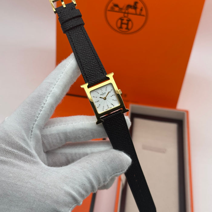 Hermes Heure H Gold Stress Dial With Black Leather Strap Watch