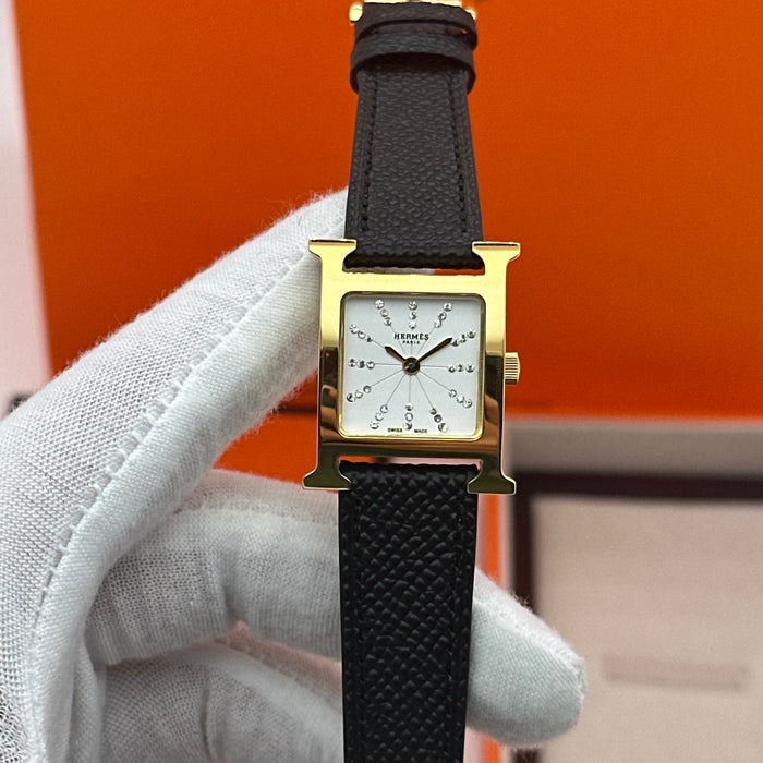 Hermes Heure H Gold Stress Dial With Black Leather Strap Watch