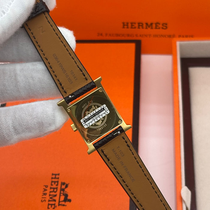 Hermes Heure H Gold Stress Dial With Black Leather Strap Watch