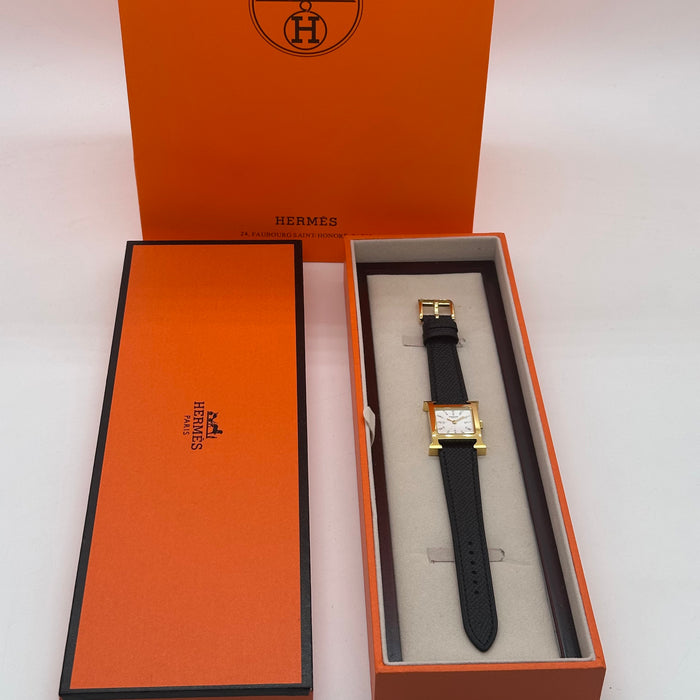 Hermes Heure H Gold Stress Dial With Black Leather Strap Watch