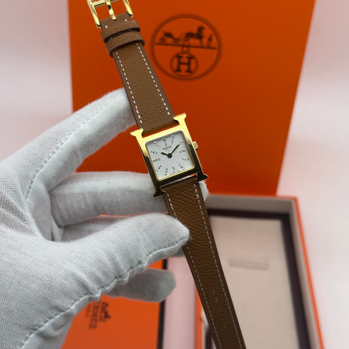 Hermes Heure H Gold Stress Dial With Tan Leather Strap Watch