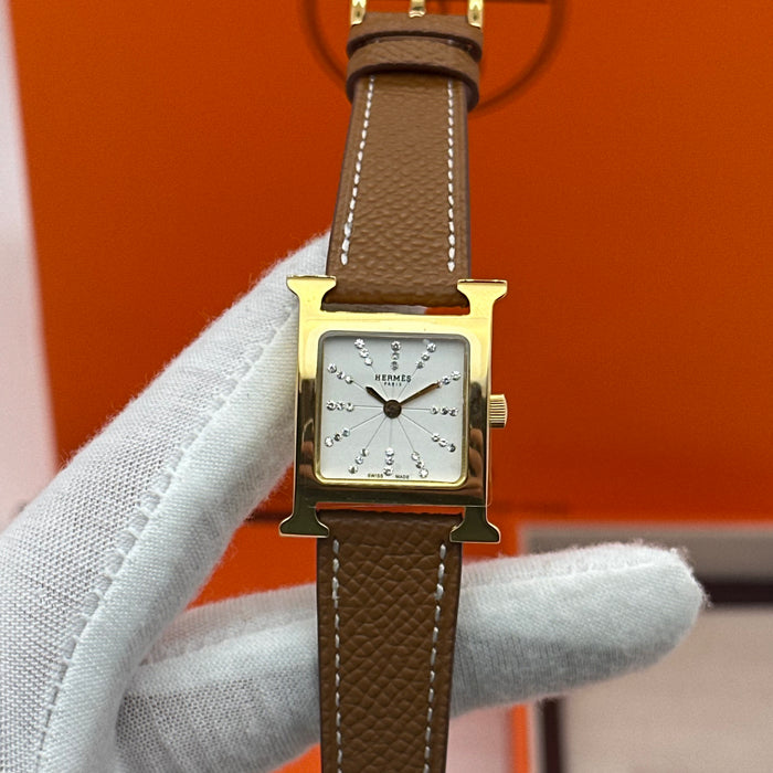 Hermes Heure H Gold Stress Dial With Tan Leather Strap Watch