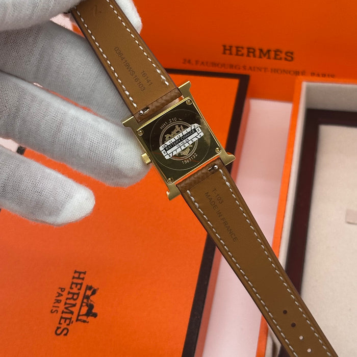 Hermes Heure H Gold Stress Dial With Tan Leather Strap Watch