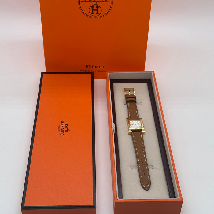 Hermes Heure H Gold Stress Dial With Tan Leather Strap Watch