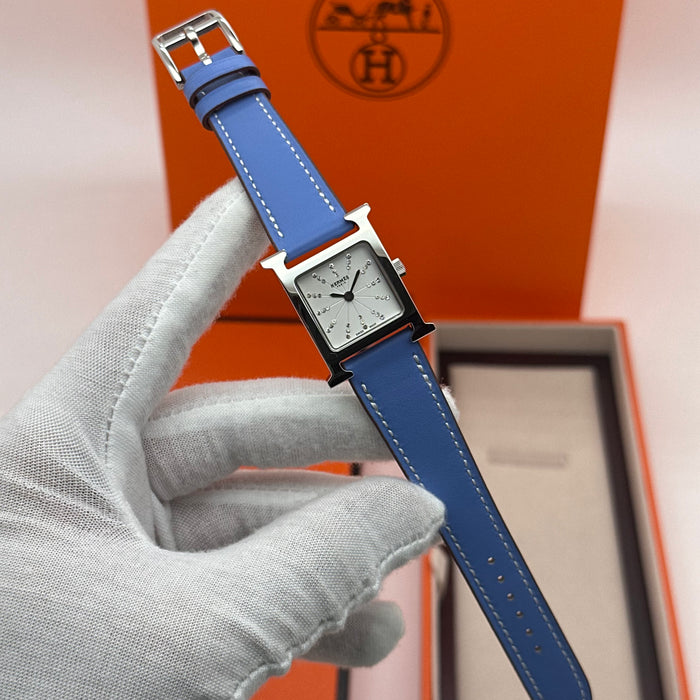 Hermes Heure H Silver Stress Dial With Blue Leather Strap Watch