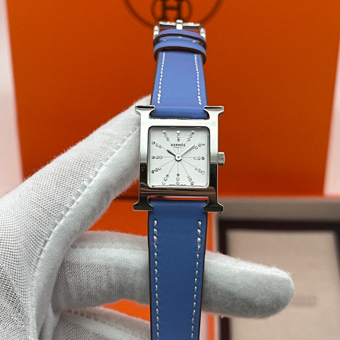 Hermes Heure H Silver Stress Dial With Blue Leather Strap Watch
