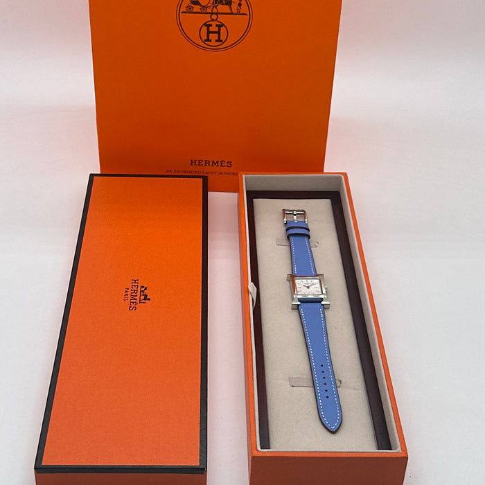 Hermes Heure H Silver Stress Dial With Blue Leather Strap Watch