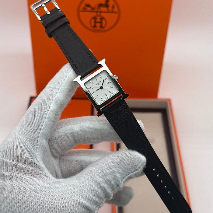 Hermes Heure H Silver Stress Dial With Black Leather Strap