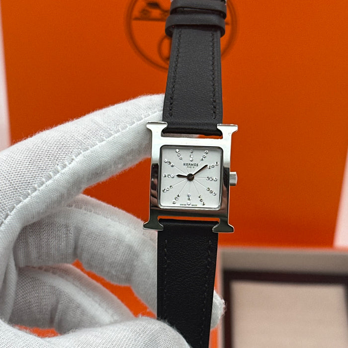 Hermes Heure H Silver Stress Dial With Black Leather Strap