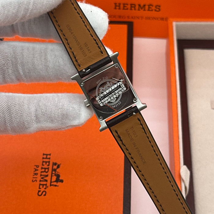 Hermes Heure H Silver Stress Dial With Black Leather Strap