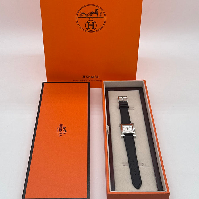 Hermes Heure H Silver Stress Dial With Black Leather Strap