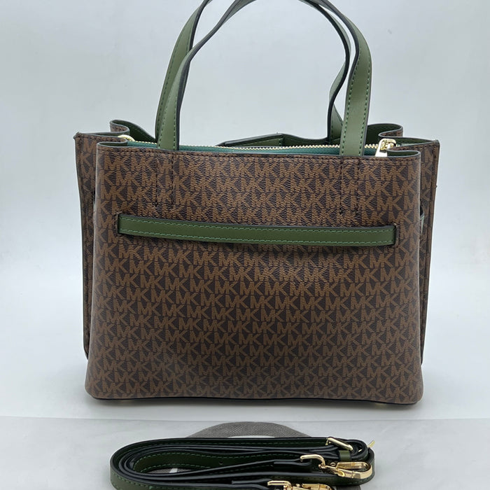 Michael Kors Monogram Belted Satchel Bag – Top Handle & Crossbody Strap