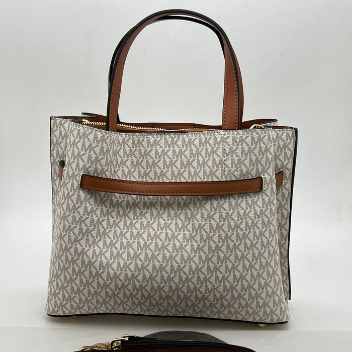 Michael Kors Monogram Belted Satchel Bag – Top Handle & Crossbody Strap