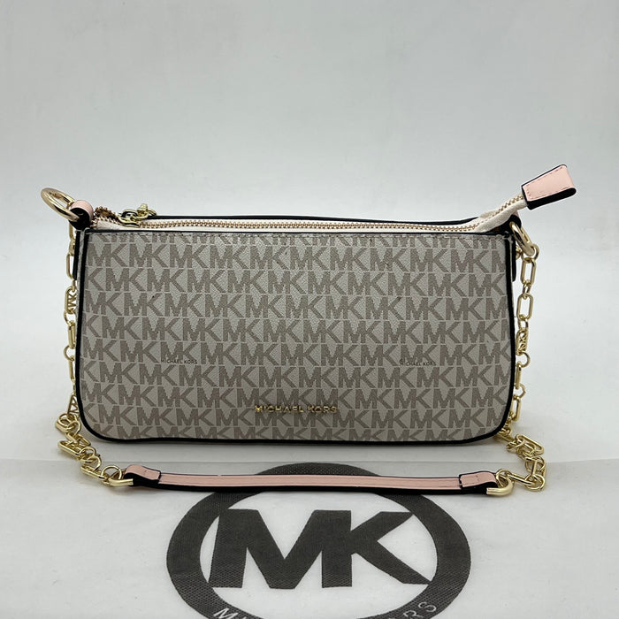Michael Kors Slim Monogram Baguette Bag – Beige with Pink Strap & Gold Chain