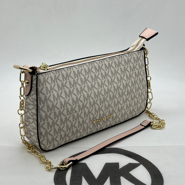 Michael Kors Slim Monogram Baguette Bag – Beige with Pink Strap & Gold Chain