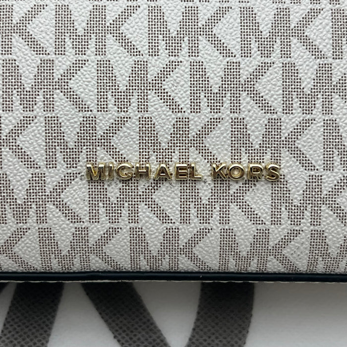 Michael Kors Slim Monogram Baguette Bag – Beige with Pink Strap & Gold Chain