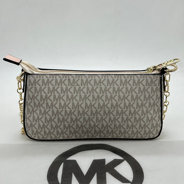 Michael Kors Slim Monogram Baguette Bag – Beige with Pink Strap & Gold Chain