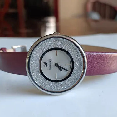 Swarovski Crystalline Pure Silver-Tone Purple Leather Watch 5295355 - Authentic