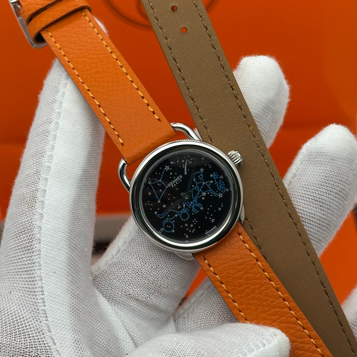 Hermes Arceau Silver In Steel With Orange Leather Strap
