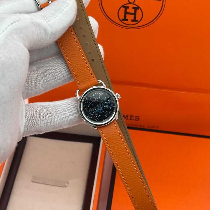 Hermes Arceau Silver In Steel With Orange Leather Strap