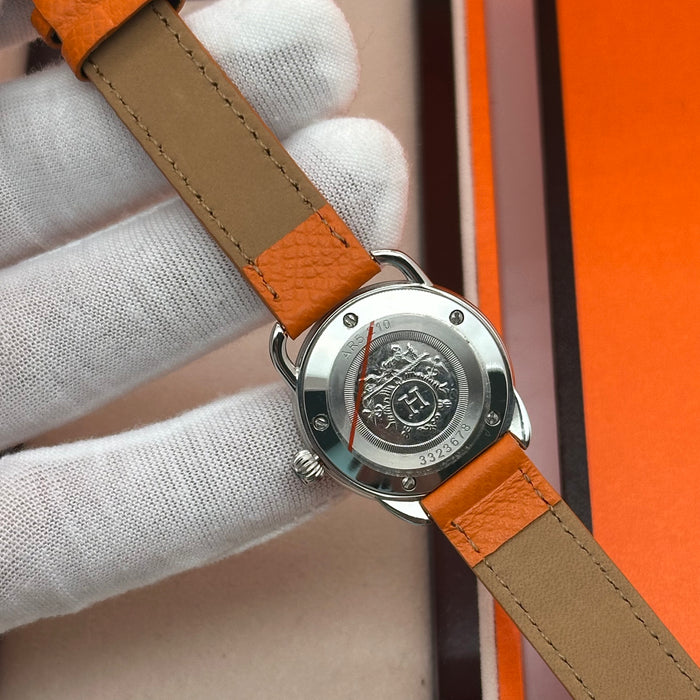 Hermes Arceau Silver In Steel With Orange Leather Strap