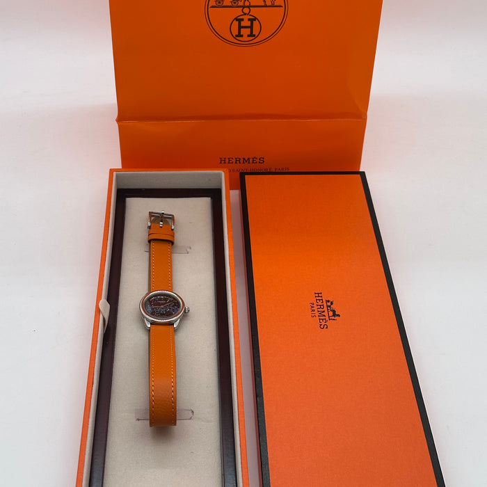 Hermes Arceau Silver In Steel With Orange Leather Strap