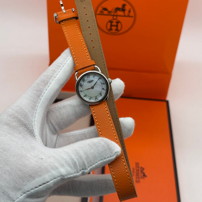 Hermes Arceau Silver In Steel Orange Leather Strap For Women