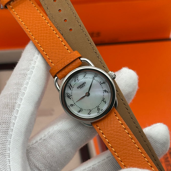 Hermes Arceau Silver In Steel Orange Leather Strap For Women