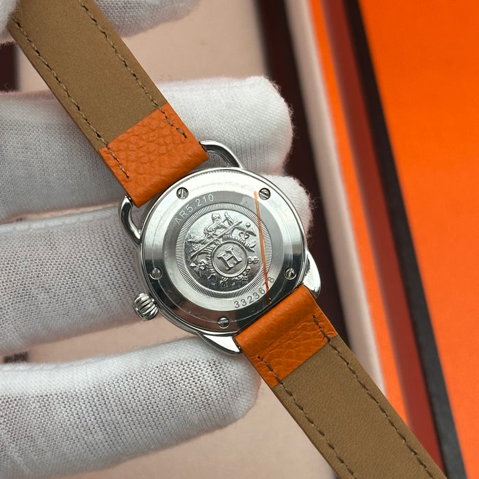 Hermes Arceau Silver In Steel Orange Leather Strap For Women