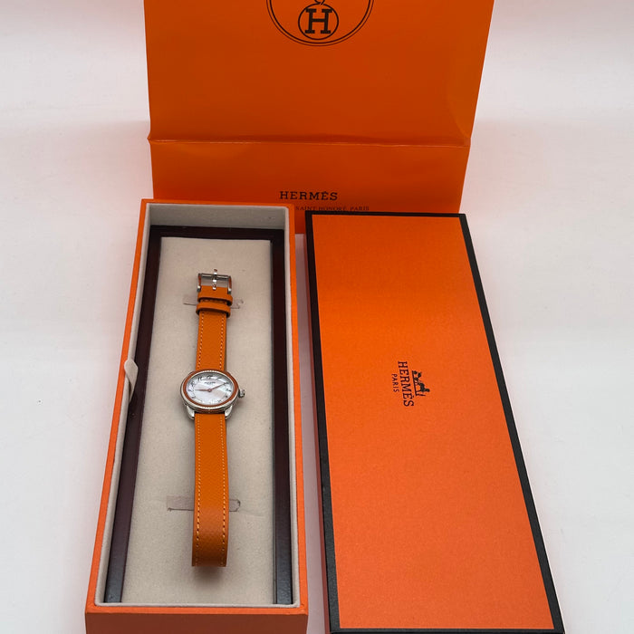 Hermes Arceau Silver In Steel Orange Leather Strap For Women