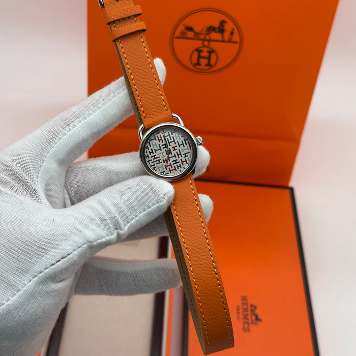 Hermes Arceau Silver In Steel Orange Leather Strap For Women