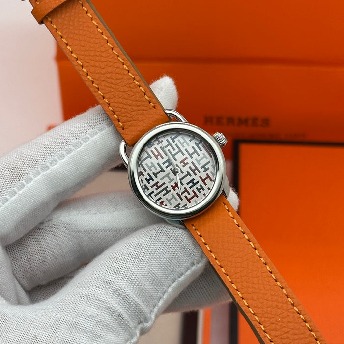 Hermes Arceau Silver In Steel Orange Leather Strap For Women