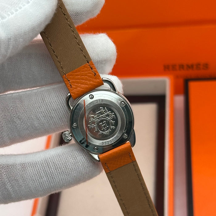 Hermes Arceau Silver In Steel Orange Leather Strap For Women