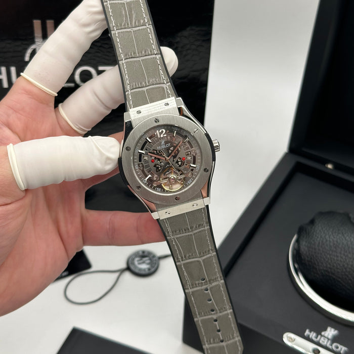Hublot Skeleton Tourbillon Style Watch – Grey Leather Strap