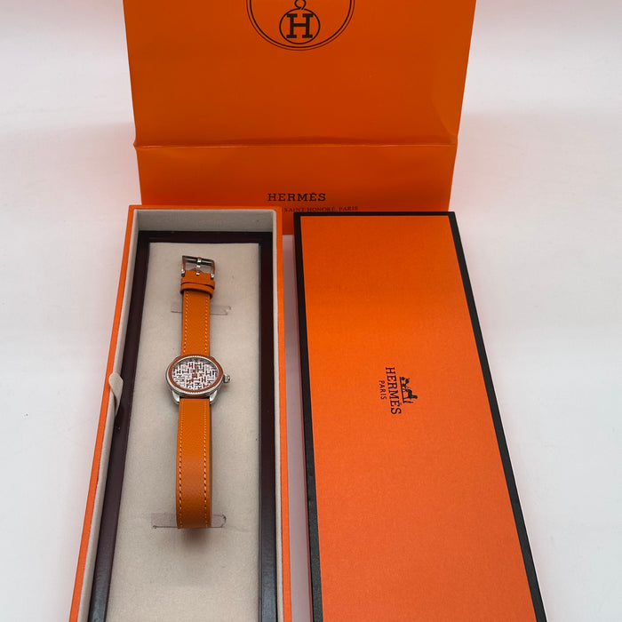 Hermes Arceau Silver In Steel Orange Leather Strap For Women