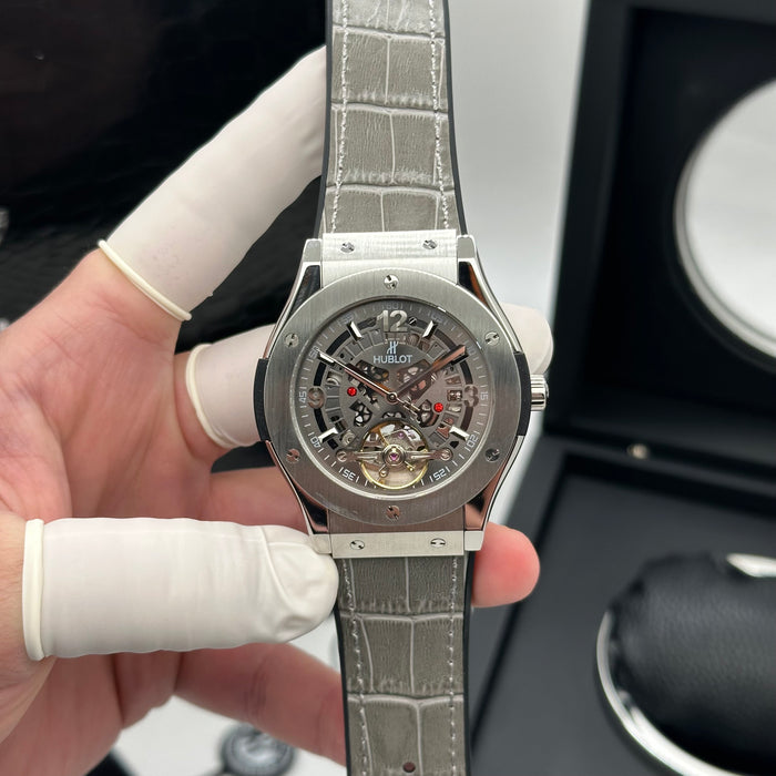 Hublot Skeleton Tourbillon Style Watch – Grey Leather Strap