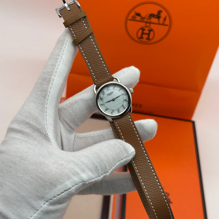 Hermes Arceau Silver in Steel Brown Leather Strap