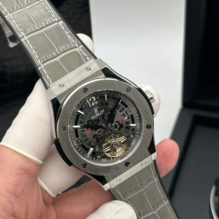 Hublot Skeleton Tourbillon Style Watch – Grey Leather Strap