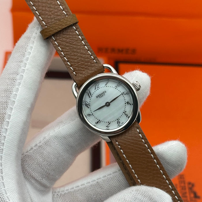 Hermes Arceau Silver in Steel Brown Leather Strap