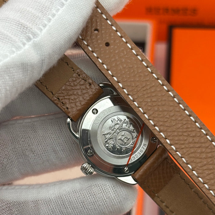 Hermes Arceau Silver in Steel Brown Leather Strap