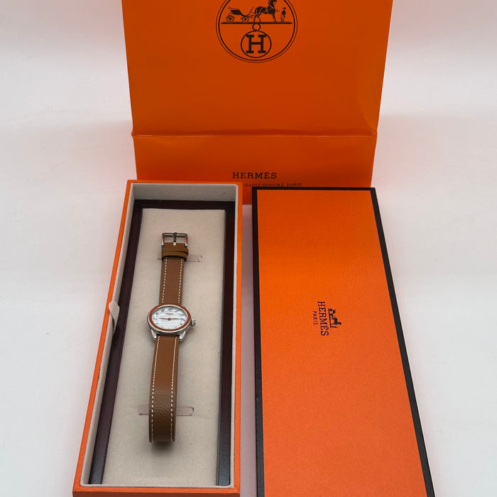 Hermes Arceau Silver in Steel Brown Leather Strap